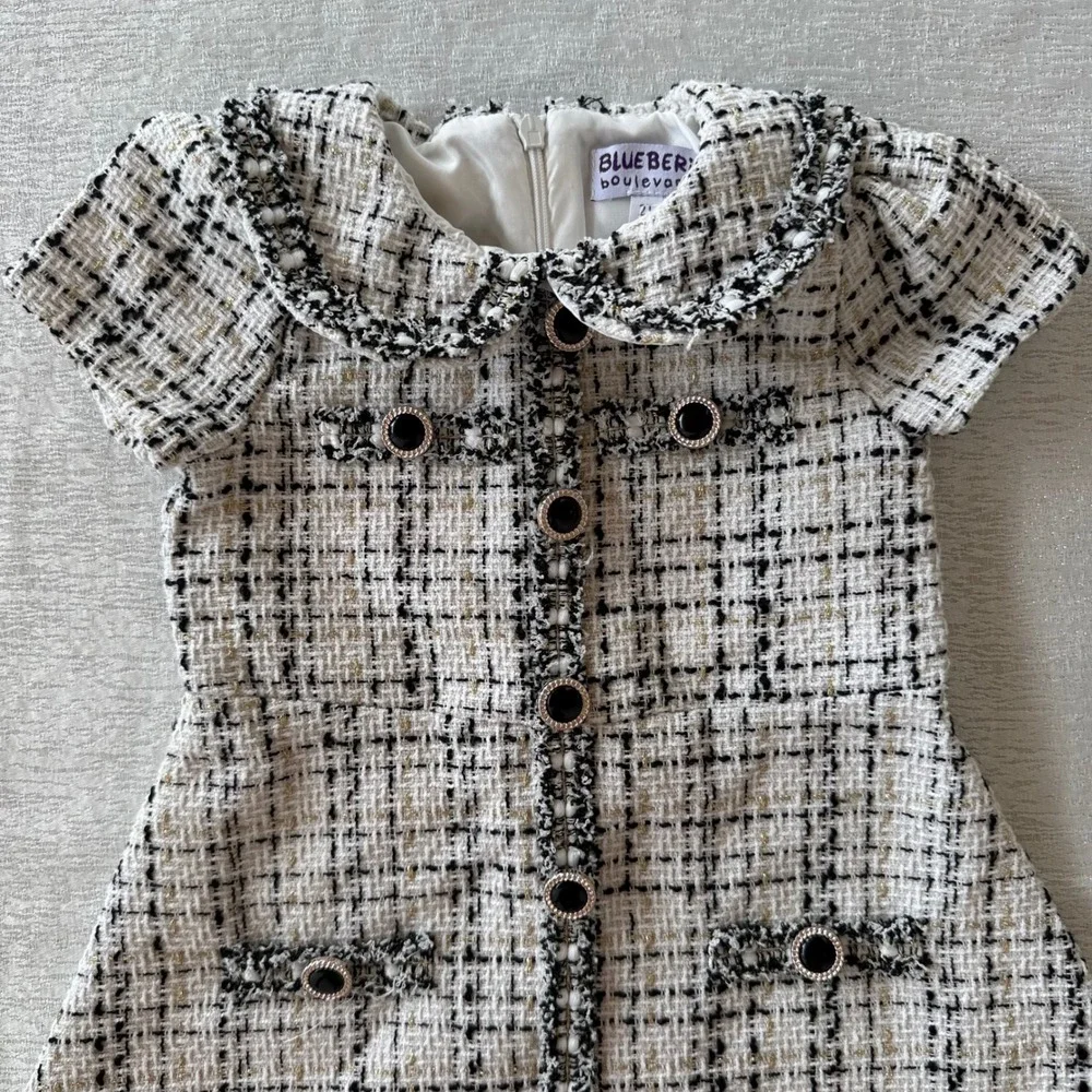 Blueberi Boulevard 2T Toddler Tweed Dress Black White Peter Pan Collar w/ Beret